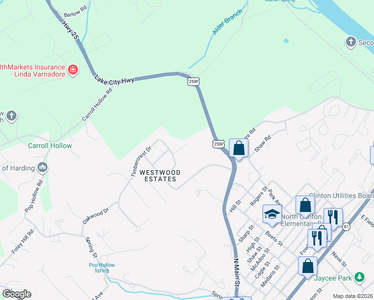 map of restaurants, bars, coffee shops, grocery stores, and more near 107 Timbercrest Lane in Clinton