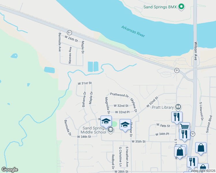 map of restaurants, bars, coffee shops, grocery stores, and more near 3101 Magnolia Court in Sand Springs