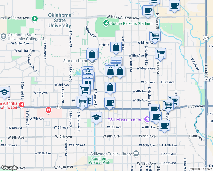 map of restaurants, bars, coffee shops, grocery stores, and more near 311 South Hester Street in Stillwater