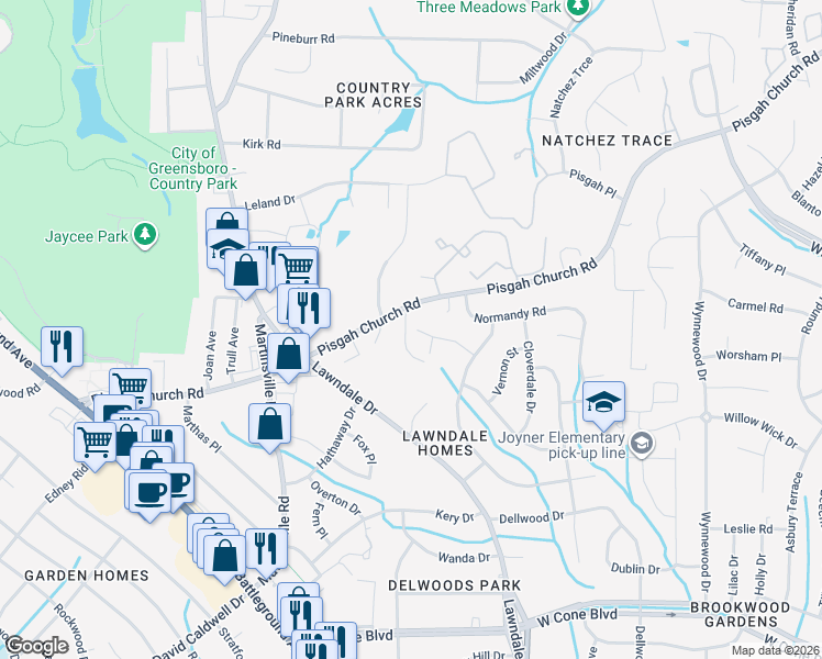 map of restaurants, bars, coffee shops, grocery stores, and more near 12 Annalisa Drive in Greensboro