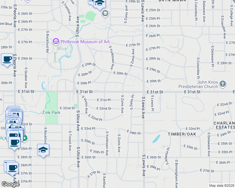 map of restaurants, bars, coffee shops, grocery stores, and more near 2144 East 31st Street in Tulsa