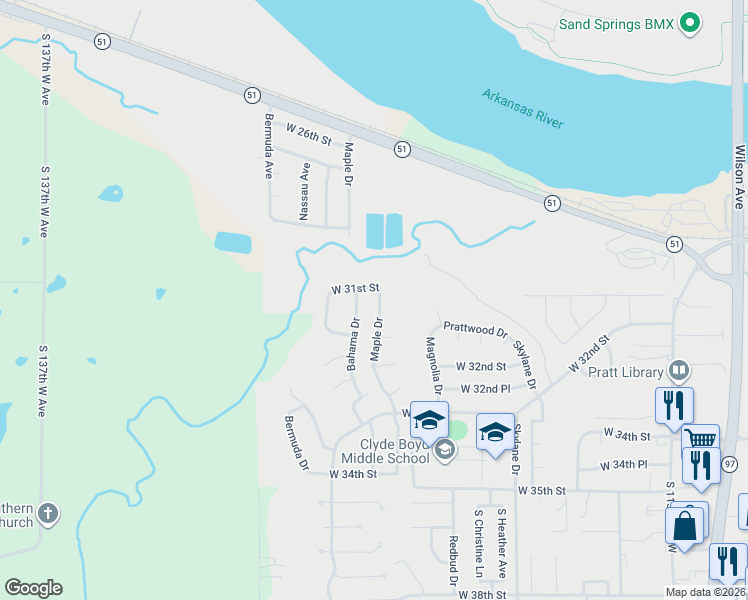 map of restaurants, bars, coffee shops, grocery stores, and more near 3102 Maple Drive in Sand Springs