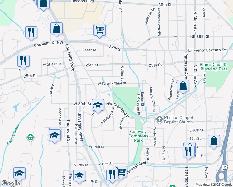 map of restaurants, bars, coffee shops, grocery stores, and more near 2001 Pittsburg Avenue in Winston-Salem