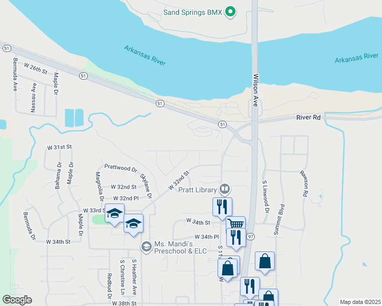 map of restaurants, bars, coffee shops, grocery stores, and more near 100 W 31st Pl in Sand Springs