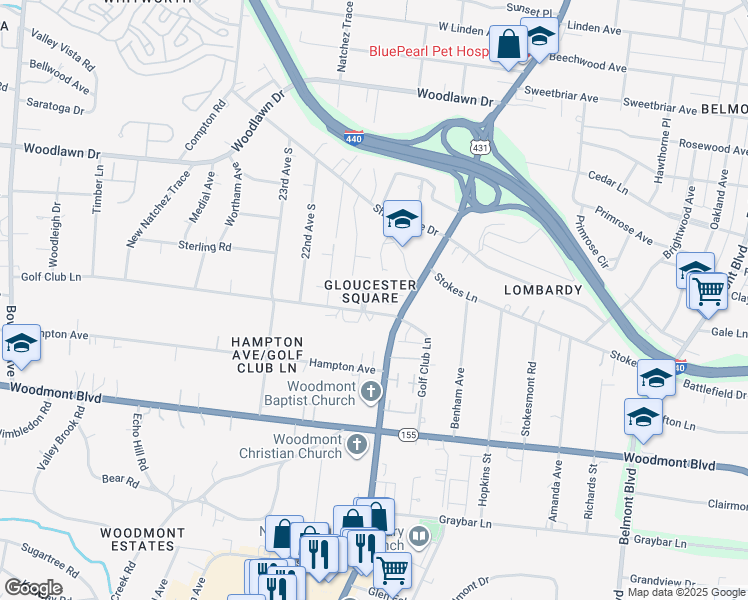 map of restaurants, bars, coffee shops, grocery stores, and more near 2104 Golf Club Lane in Nashville