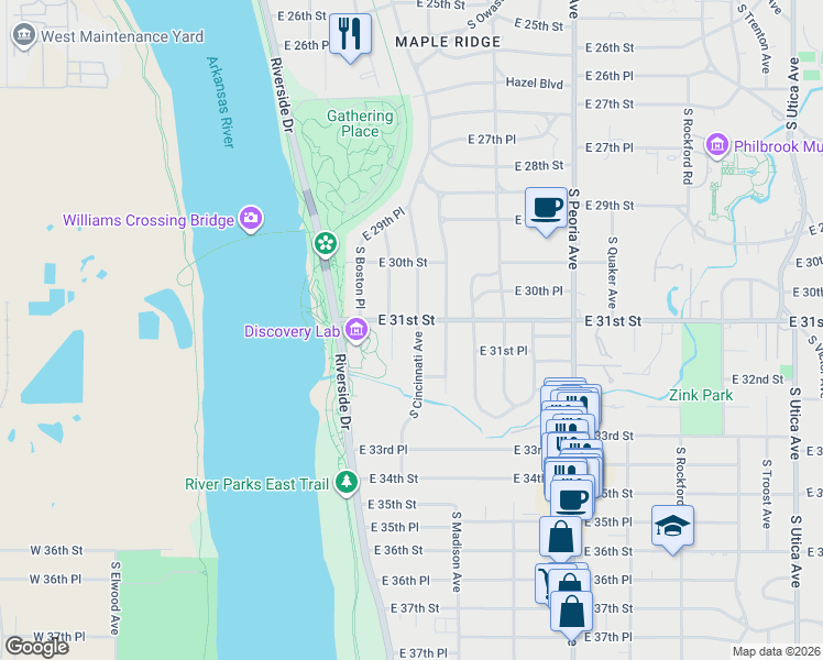 map of restaurants, bars, coffee shops, grocery stores, and more near 3108 South Cincinnati Avenue in Tulsa