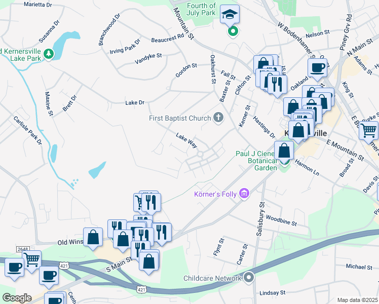 map of restaurants, bars, coffee shops, grocery stores, and more near 87 Geoffrey Way in Kernersville