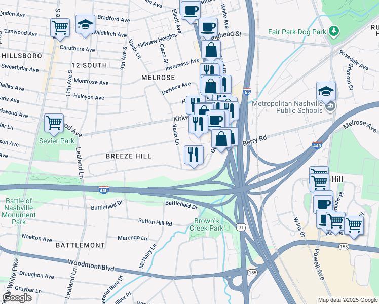 map of restaurants, bars, coffee shops, grocery stores, and more near 300 Artisan Lane in Nashville