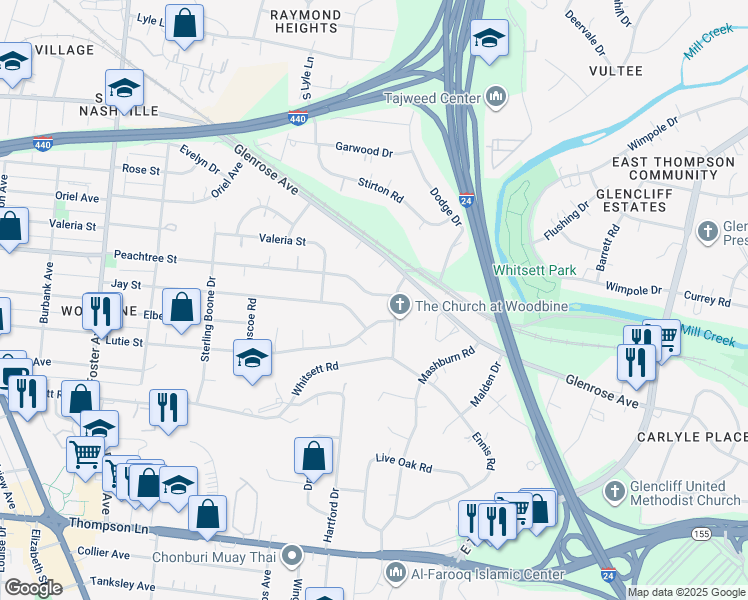 map of restaurants, bars, coffee shops, grocery stores, and more near 5 Peachtree Street in Nashville