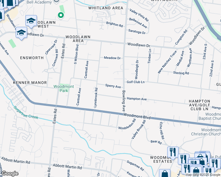 map of restaurants, bars, coffee shops, grocery stores, and more near 3613 Sperry Avenue in Nashville