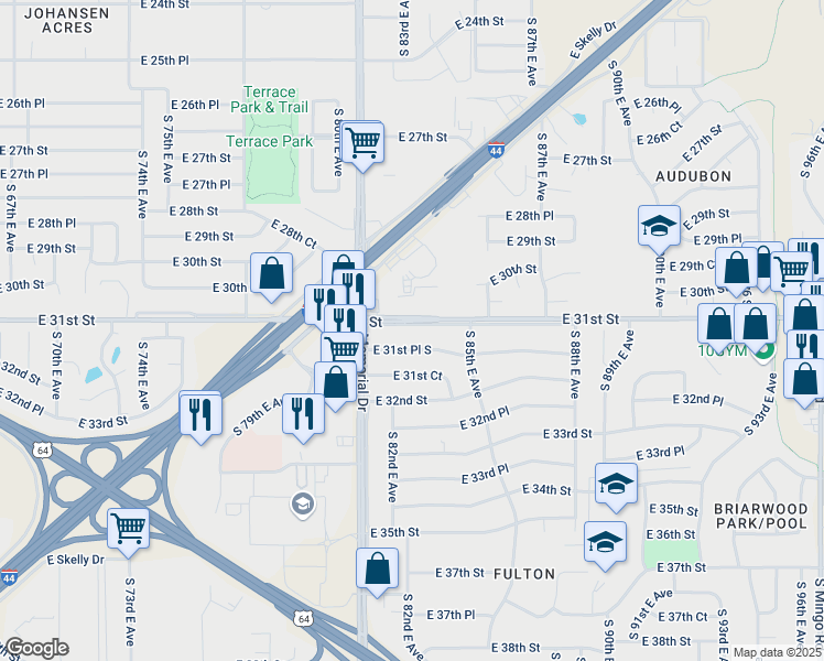 map of restaurants, bars, coffee shops, grocery stores, and more near 8142 East 31st Street in Tulsa