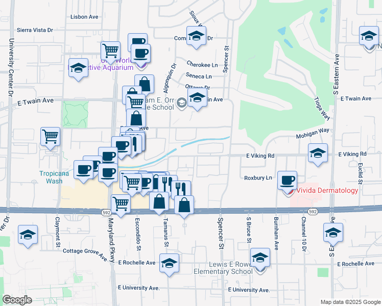map of restaurants, bars, coffee shops, grocery stores, and more near 1540 East Viking Road in Las Vegas