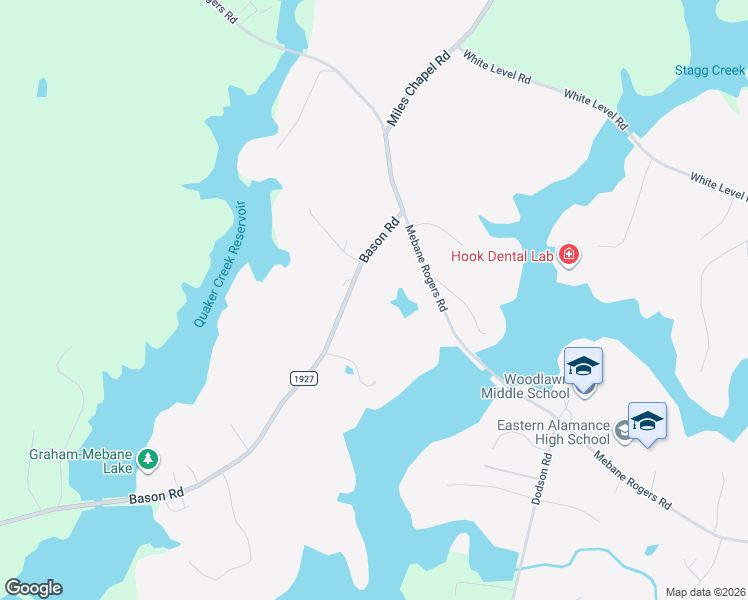 map of restaurants, bars, coffee shops, grocery stores, and more near 3671 Bason Road in Mebane