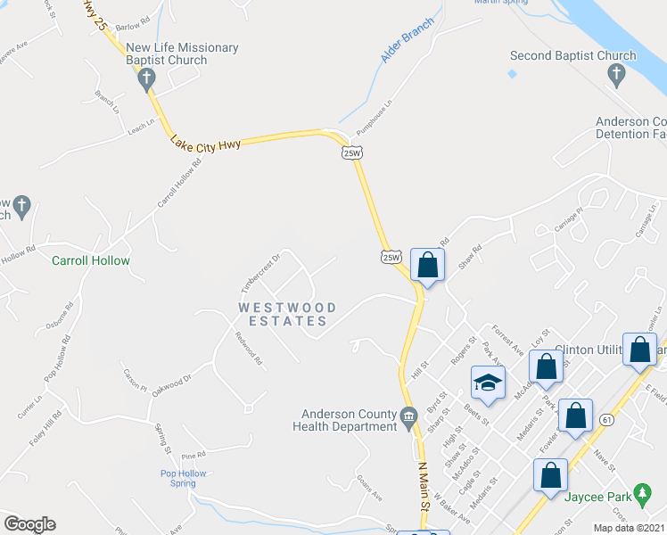 map of restaurants, bars, coffee shops, grocery stores, and more near 107 Timbercrest Lane in Clinton