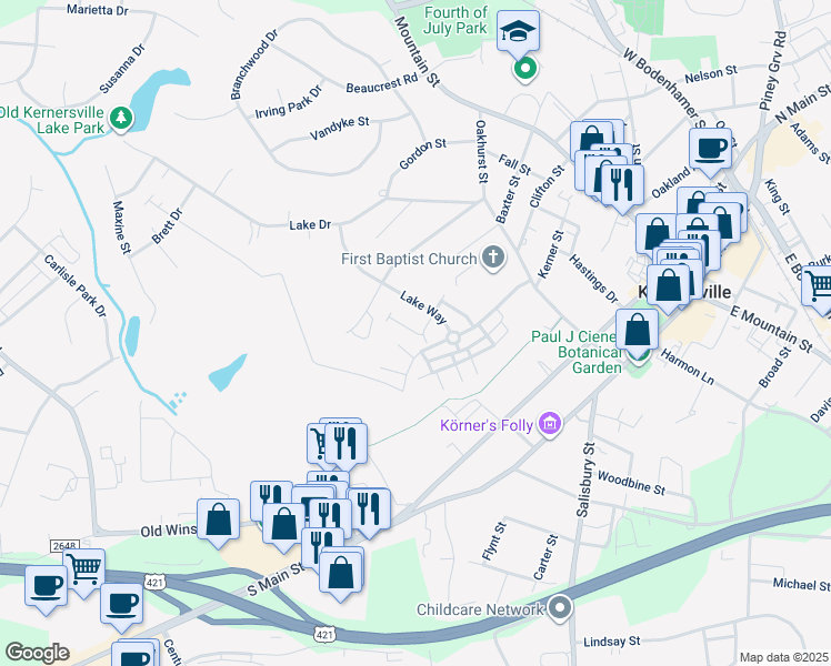 map of restaurants, bars, coffee shops, grocery stores, and more near Tilley's Grove in Kernersville