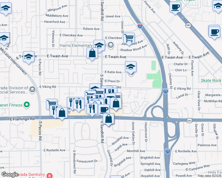 map of restaurants, bars, coffee shops, grocery stores, and more near 3870 East Viking Road in Las Vegas