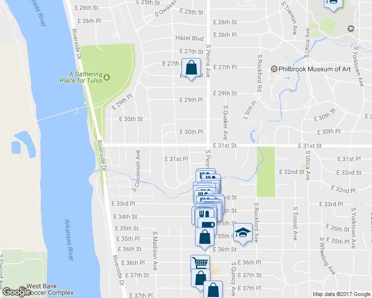 map of restaurants, bars, coffee shops, grocery stores, and more near 3106 S Owasso Ave in Tulsa