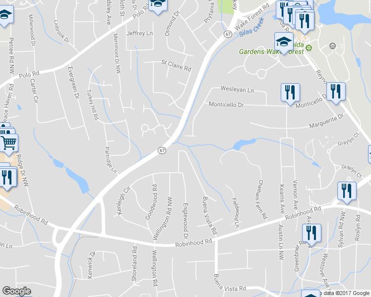 map of restaurants, bars, coffee shops, grocery stores, and more near 3561 Buena Vista Road in Winston-Salem