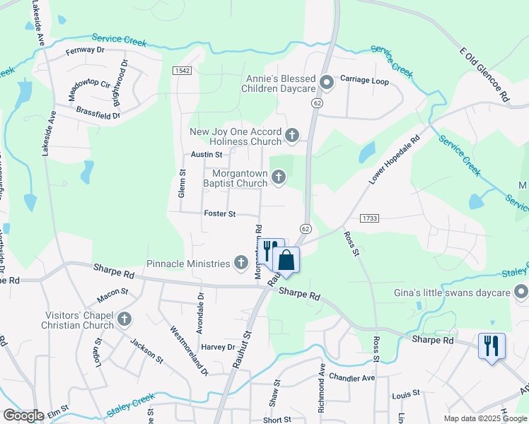 map of restaurants, bars, coffee shops, grocery stores, and more near 1607 Morgantown Road in Burlington