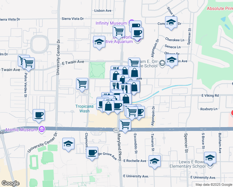 map of restaurants, bars, coffee shops, grocery stores, and more near 3885 South Maryland Parkway in Las Vegas
