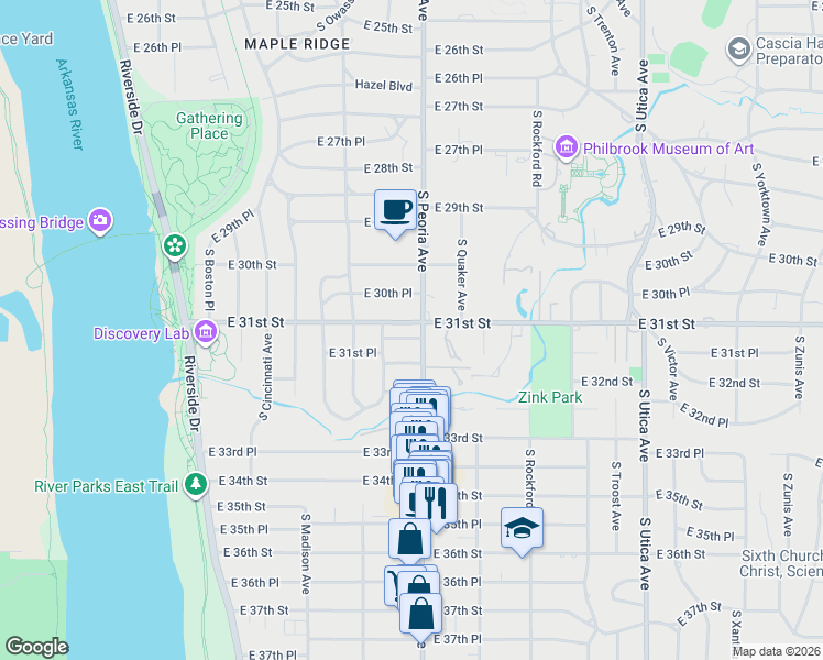 map of restaurants, bars, coffee shops, grocery stores, and more near 1251 East 31st Court in Tulsa