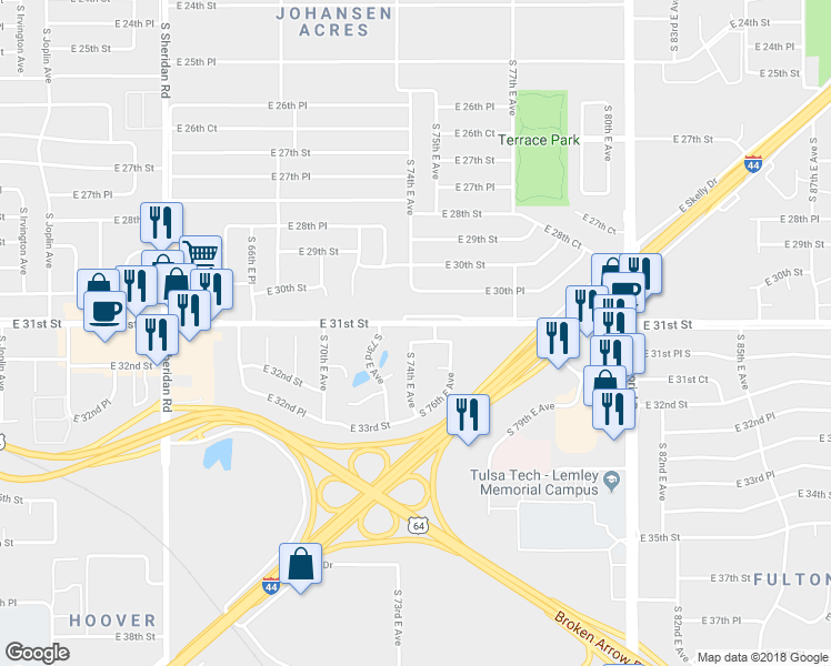 map of restaurants, bars, coffee shops, grocery stores, and more near 7405 East 31st Place South in Tulsa