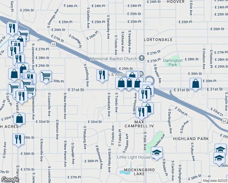 map of restaurants, bars, coffee shops, grocery stores, and more near 3106 South Toledo Avenue in Tulsa