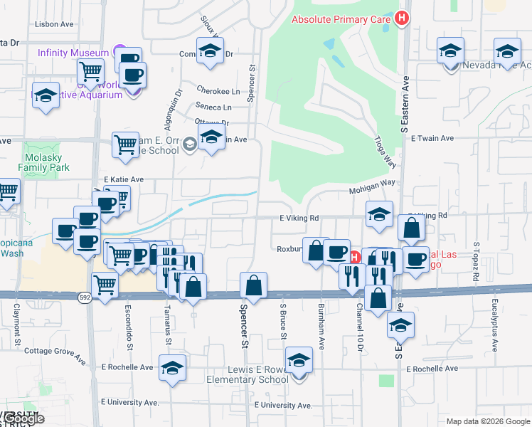 map of restaurants, bars, coffee shops, grocery stores, and more near 1908 East Viking Road in Las Vegas