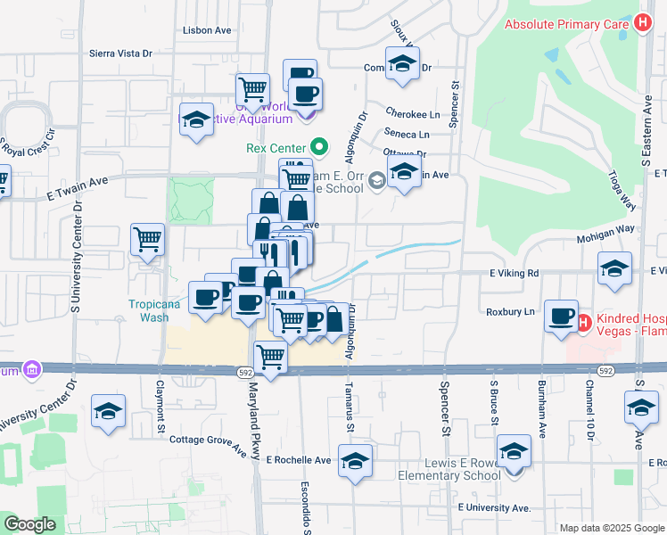 map of restaurants, bars, coffee shops, grocery stores, and more near 1455 East Katie Avenue in Las Vegas