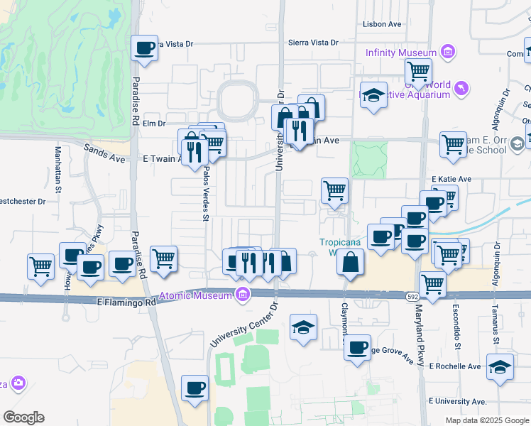 map of restaurants, bars, coffee shops, grocery stores, and more near 721 Northrop Avenue in Las Vegas
