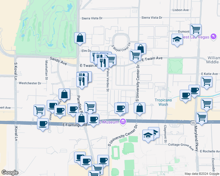 map of restaurants, bars, coffee shops, grocery stores, and more near 3892 Palos Verdes Street in Las Vegas