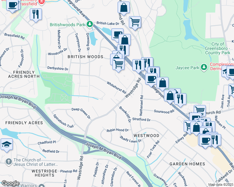 map of restaurants, bars, coffee shops, grocery stores, and more near 3403 Whitehurst Road in Greensboro