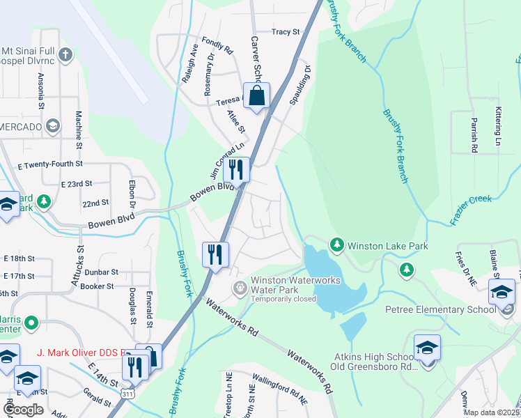 map of restaurants, bars, coffee shops, grocery stores, and more near 301 Walkertown Avenue in Winston-Salem