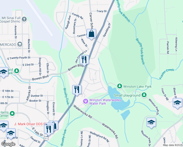 map of restaurants, bars, coffee shops, grocery stores, and more near 301 Walkertown Avenue in Winston-Salem