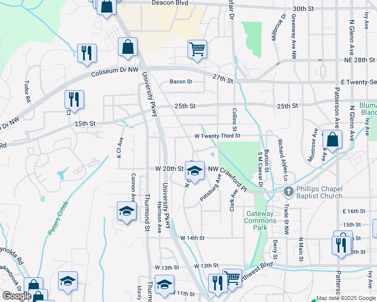 map of restaurants, bars, coffee shops, grocery stores, and more near 2024 Cherry Street in Winston-Salem