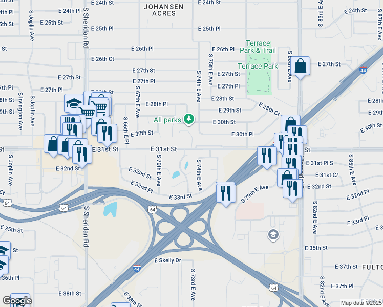 map of restaurants, bars, coffee shops, grocery stores, and more near 7405 East 31st Place South in Tulsa