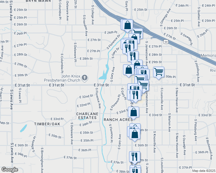 map of restaurants, bars, coffee shops, grocery stores, and more near 3106 South Florence Court in Tulsa