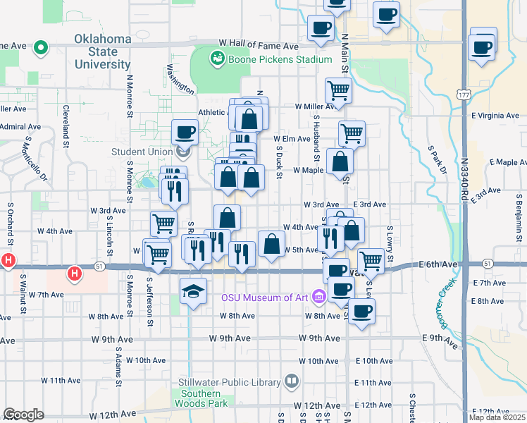 map of restaurants, bars, coffee shops, grocery stores, and more near 311 South West Street in Stillwater