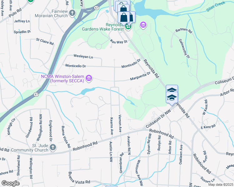 map of restaurants, bars, coffee shops, grocery stores, and more near 1034 Vernon Avenue in Winston-Salem