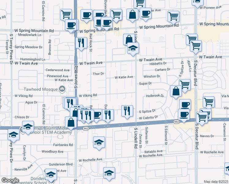 map of restaurants, bars, coffee shops, grocery stores, and more near 5724 West Viking Road in Las Vegas
