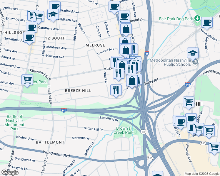 map of restaurants, bars, coffee shops, grocery stores, and more near 300 Artisan Lane in Nashville