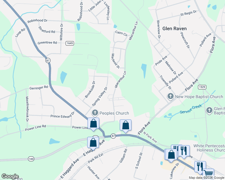 map of restaurants, bars, coffee shops, grocery stores, and more near 414 Macarthur Lane in Burlington