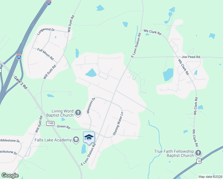 map of restaurants, bars, coffee shops, grocery stores, and more near 2045 East Lyon Station Road in Creedmoor