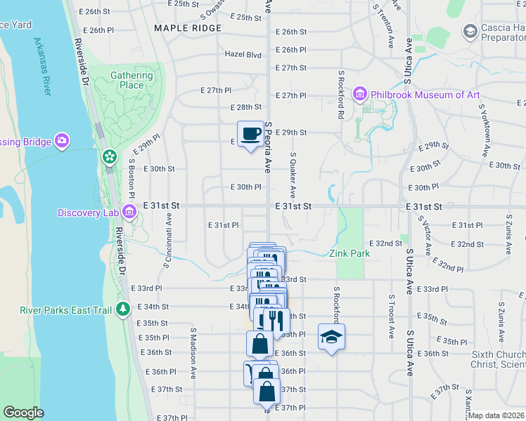 map of restaurants, bars, coffee shops, grocery stores, and more near 1251 East 31st Court in Tulsa