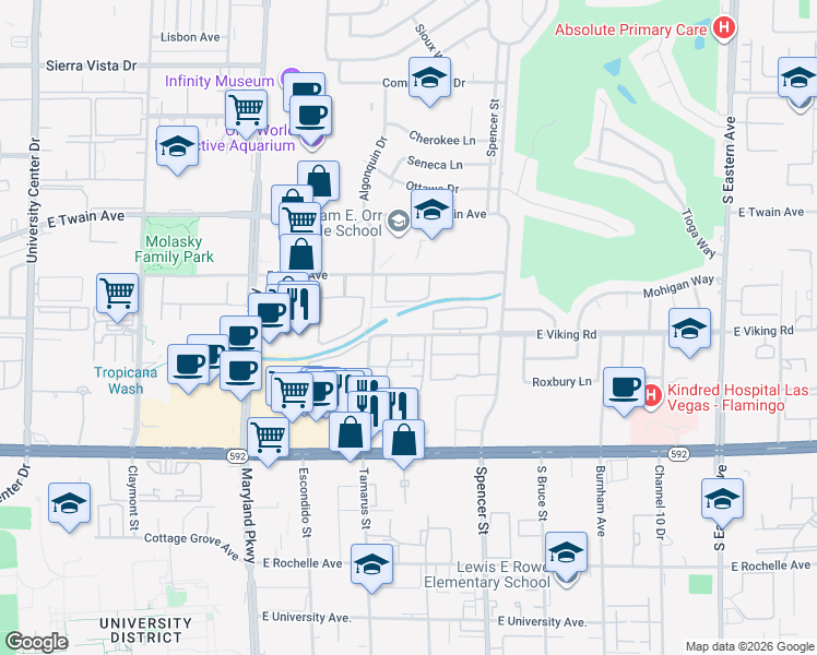 map of restaurants, bars, coffee shops, grocery stores, and more near 1540 East Viking Road in Las Vegas