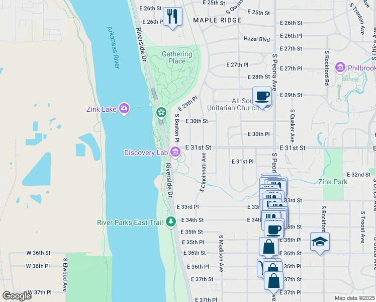 map of restaurants, bars, coffee shops, grocery stores, and more near 146 East 31st Street in Tulsa