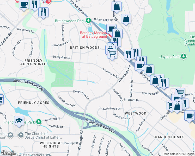 map of restaurants, bars, coffee shops, grocery stores, and more near 3419 Glouchester Lane in Greensboro