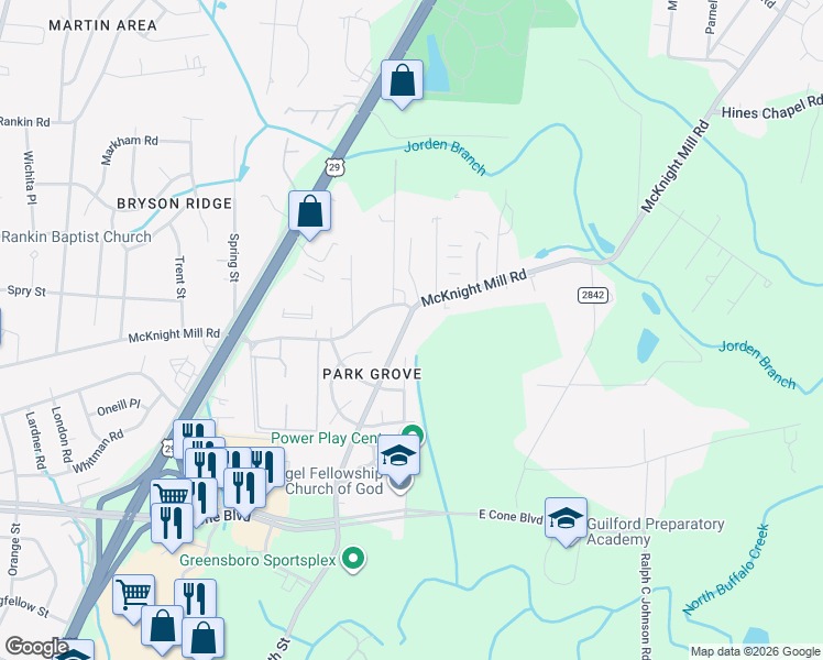 map of restaurants, bars, coffee shops, grocery stores, and more near 2712 Sixteenth Street in Greensboro