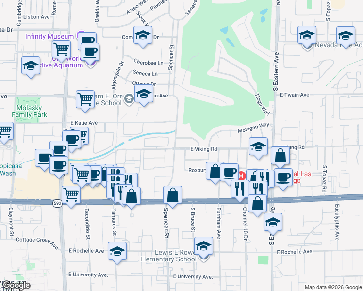map of restaurants, bars, coffee shops, grocery stores, and more near 1908 East Viking Road in Las Vegas
