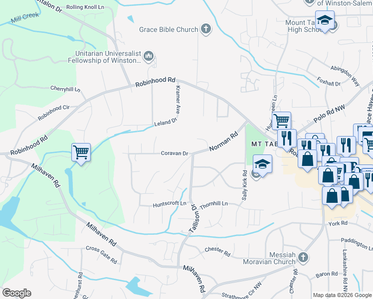 map of restaurants, bars, coffee shops, grocery stores, and more near 305 Coravan Drive in Winston-Salem